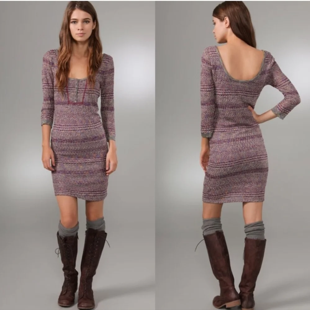Free People Sunrise Knit Sweater Stretchy Mini Dress Purple Raven Combo Bodycon - Picture 1 of 16